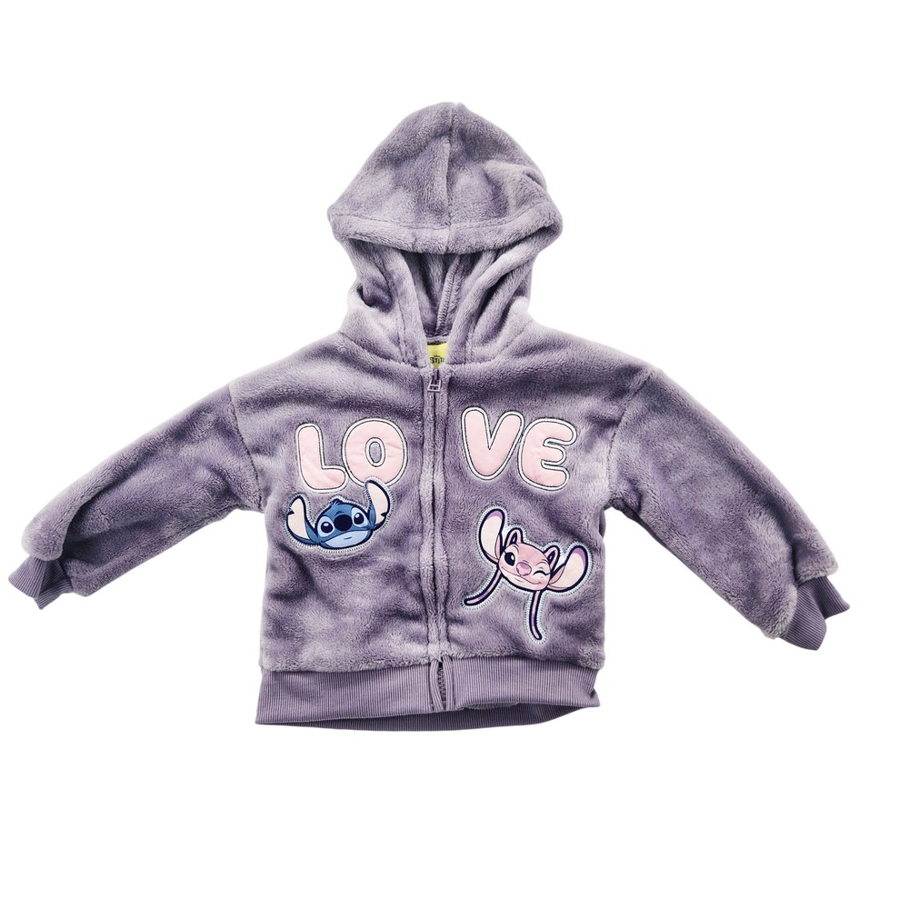 Disney Stitch Angel Girls Purple Faux Fur Zip Up Hoodie Jacket 2T NWT